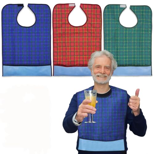 Zhixifan 3 Stück Lätzchen für Erwachsene mit Krümelfänger, Klettverschluss, Waschmaschinenfest, für Männer, Frauen, Ältere Menschen und Behinderte(Blau+Rot+Grün) von Zhixifan
