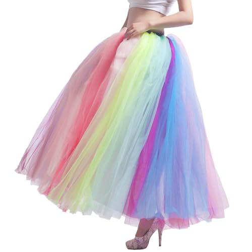 Damen Tüllrock Lang Elegant Rainbow Petticoat Weiche Elastisch 50er Rockabilly Tütü Unterrock Tütü Tüll Rock Maxirock Tanzkleid Ballkleid Ballett Hochzeit Karneval Halloween Party Tüllrock Rosa von Zhiyao