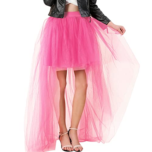 Tüllrock Damen Lang Asymmetrisch Midirock Elegant Weiche Elastisch Petticoat Tütü Unterrock Maxirock Tütü Tüll Rock Tanzkleid Ballkleid Mesh Ballett Hochzeit Karneval Party Tüllrock Hot Rosa von Zhiyao