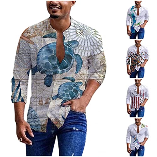 Zhiyao Baumwolle Leinen Hemd Herren Langarm Muster Paisley Freizeitshemd Langarmhemd Casual Shirt Stehkragen von Zhiyao