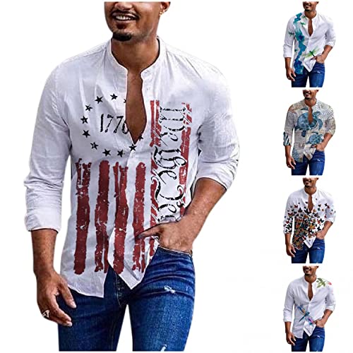 Zhiyao Baumwolle Leinen Hemd Herren Langarm Muster Paisley Freizeitshemd Langarmhemd Casual Shirt Stehkragen, Rot, 3XL von Zhiyao