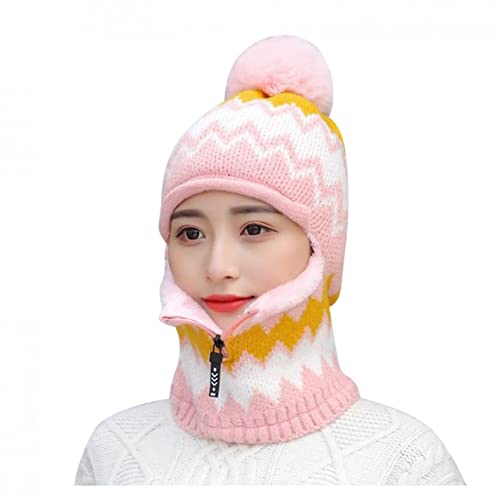 Zhiyao Beanie Strickmütze Hat Herren Damen Winter Mütze Bommelmütze Wintermütze warm gefüttert Ohrenschützer Hinzufügen Beflockung Thermal Radfahren mit Bommel-Mütze, Rosa 2, Einheitsgröße von Zhiyao