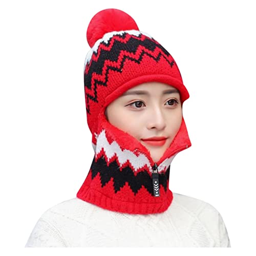 Zhiyao Beanie Strickmütze Hat Herren Damen Winter Mütze Bommelmütze Wintermütze warm gefüttert Ohrenschützer Hinzufügen Beflockung Thermal Radfahren mit Bommel-Mütze, Rot von Zhiyao