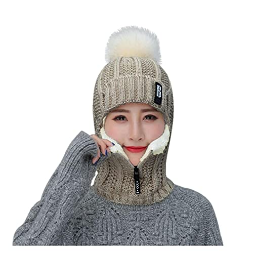 MANGGUO Strickmütze Hat Herren Damen Winter Mütze Bommelmütze Wintermütze warm gefüttert Ohrenschützer Hinzufügen Beflockung Thermal Radfahren mit Bommel-Mütze (Beige) von MANGGUO