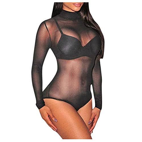 Zhiyao Damen Body Sexy Sheer Mesh Langarm/Kurzarm Bodysuit Stehkragen Einfarbig Elegant Bodies Bodysuits Durchsichtiges Netz T-Shirt Casual Bluse Tops von Zhiyao