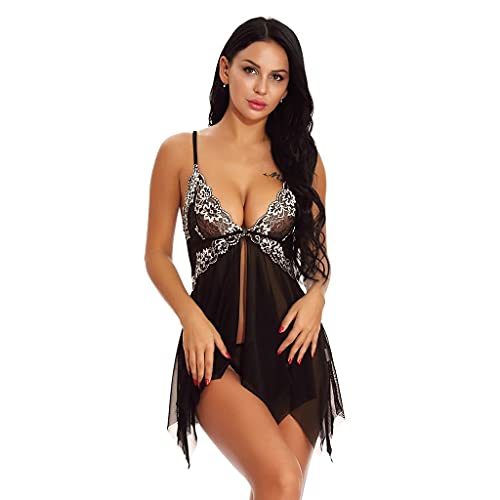 Zhiyao Damen Spitze Negligee V-Ausschnitt Babydoll Unregelmäßiger Hem Lingerie Vorne Offen Nachtwäsche Dessous Set Kleid mit Panties von Zhiyao