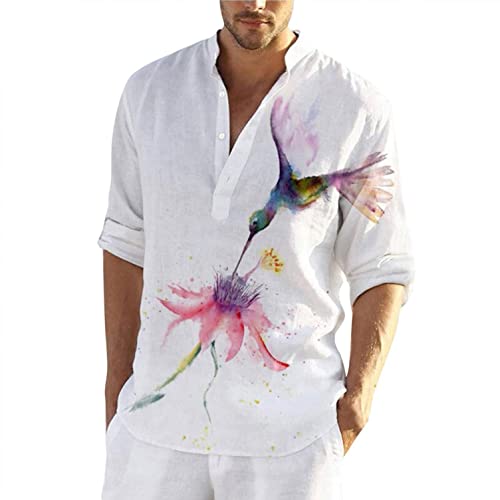 Zhiyao Hemd Bunte Herren Langarm Leinenhemd Muster Blumen Hemd Casual Hawaii-Print Männer Mehrfarbig Shirts Baumwolle von Zhiyao