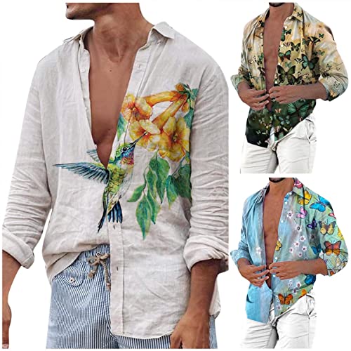 Zhiyao Hemd Bunte Herren Langarm Leinenhemd Muster Blumen Hemd Casual Hawaii-Print Männer Mehrfarbig Shirts Baumwolle, Beige, XL von Zhiyao