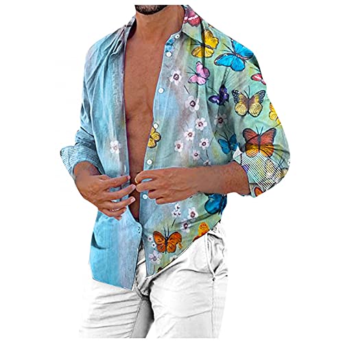 Zhiyao Hemd Bunte Herren Langarm Leinenhemd Muster Blumen Hemd Casual Hawaii-Print Männer Mehrfarbig Shirts Baumwolle, Blau, XXL von Zhiyao