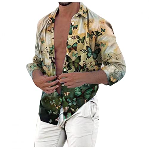 Zhiyao Hemd Bunte Herren Langarm Leinenhemd Muster Blumen Casual Hawaii-Print Männer Mehrfarbig Shirts Baumwolle, Grün, L von Zhiyao