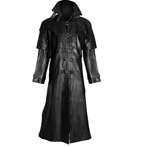 Zhiyao Herren Mittelalter Ledermantel Schwarz Zweireiher Langer Mantel Steampunk Gothic Jacke Vintage Viktorianischen Cosplay Kostüm Trenchcoat Cyberpunk von Zhiyao