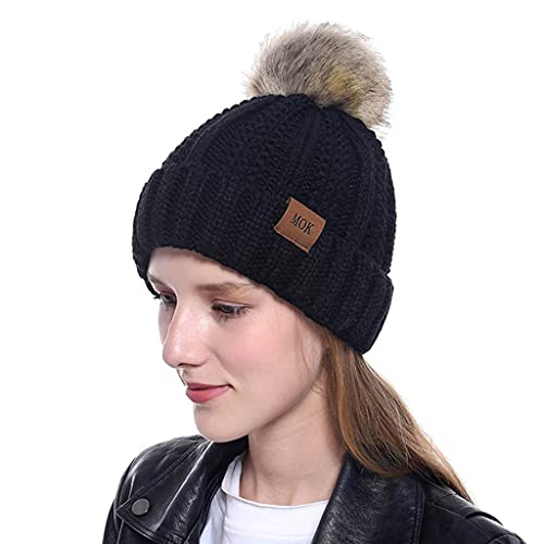 Zhiyao Wintermütze Strickmütze warm gefüttert mit Kunstfell Bommel-Mütze Fleece-Futter Winter Strick-Mütze Beanie-Mütze Damen Herren One-Size von Zhiyao