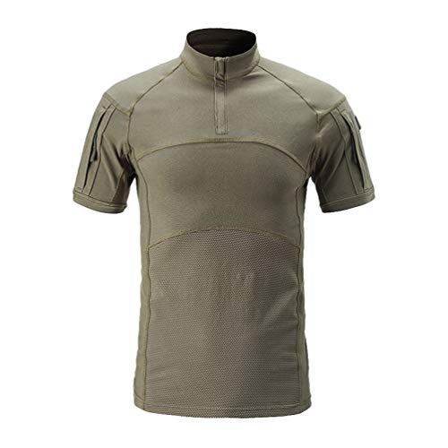 Zhiyuanan Herren Tactical Kurzarm Hemd, Slim Fit Kurzarm Revers Knopf Camo Combat T Shirt mit Reißverschluss Atmungsaktiv Airsoft Jagd Wald Armeegrün XL von Zhiyuanan