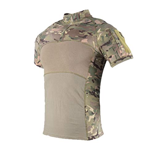 Zhiyuanan Herren Tactical Kurzarm Hemd, Slim Fit Kurzarm Revers Knopf Camo Combat T Shirt mit Reißverschluss Atmungsaktiv Airsoft Jagd Wald CP Tarnung 2XL von Zhiyuanan