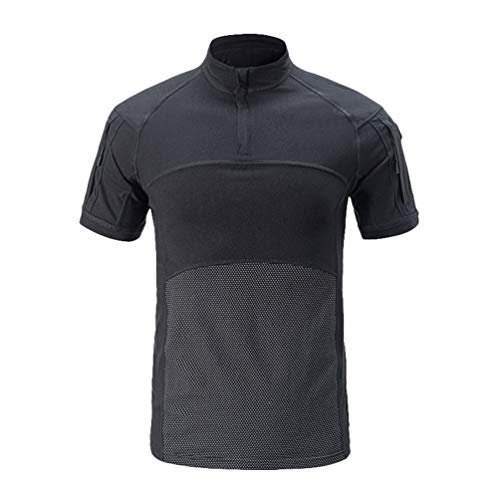 Zhiyuanan Herren Tactical Kurzarm Hemd, Slim Fit Kurzarm Revers Knopf Camo Combat T Shirt mit Reißverschluss Atmungsaktiv Airsoft Jagd Wald Schwarz 2XL von Zhiyuanan