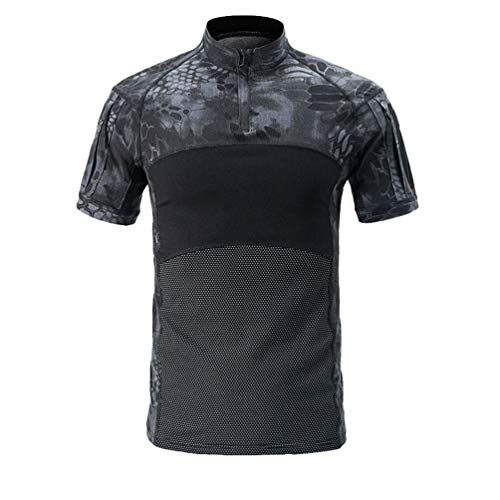 Zhiyuanan Herren Tactical Kurzarm Hemd, Slim Fit Kurzarm Revers Knopf Camo Combat T Shirt mit Reißverschluss Atmungsaktiv Airsoft Jagd Wald Schwarzes Python-Muster L von Zhiyuanan