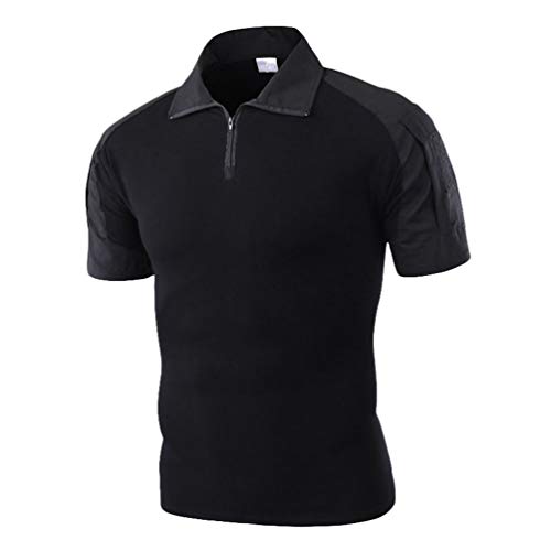 Zhiyuanan Herren Tactical Military Shirts Kurzarm Slim Fit Camo Combat Verschleißfest T Shirt mit 1/4 Reißverschluss Airsoft Jagd Wald Schwarz 2XL von Zhiyuanan