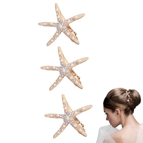 ZHjuju Seestern Haarspangen,3 Stück Mädchen Blumenmädchen-Zubehör Haarspangen für Damen für Hochzeit, Diamant Haarspange Haarnadel Crystal Star Haarspange Strass Haar Bling Gold von ZHjuju