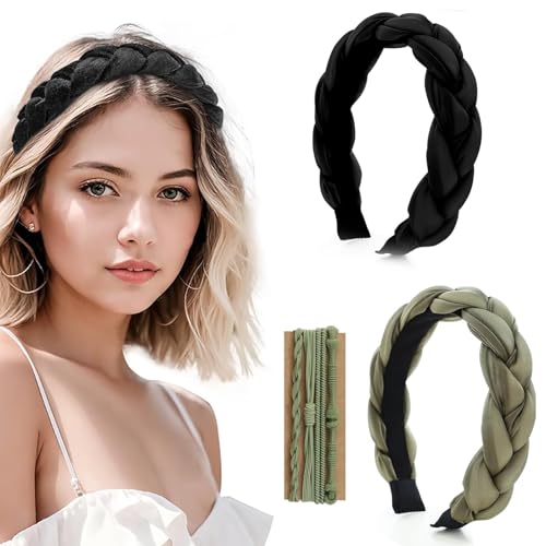 2 Stück Samt Haarreif Geflochten,Dirndl Haarreif Haarreif Dirndl Haarreifen Damen Dirndl,Vintage Gepolsterte Haarreifen,Mode Geflochtener Haarreif (Grün Und Schwarz) Mit 4 Stück Haarband(Grün） von ZhongShuang