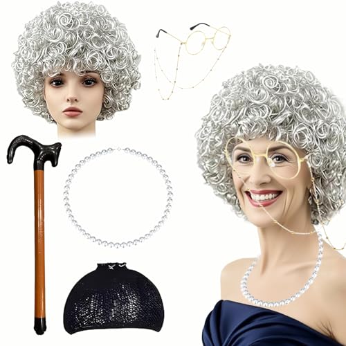 6 Stück Old Oma Cosplay Kostümzubehör, Graues Oma-Perücken-Set Mit Alte Frau Perücke Perücke Kappe Perlenkette Brille Brillen Ketten & Aufblasbarer Gehstock Für Halloween Karneval Maskerade von ZhongShuang