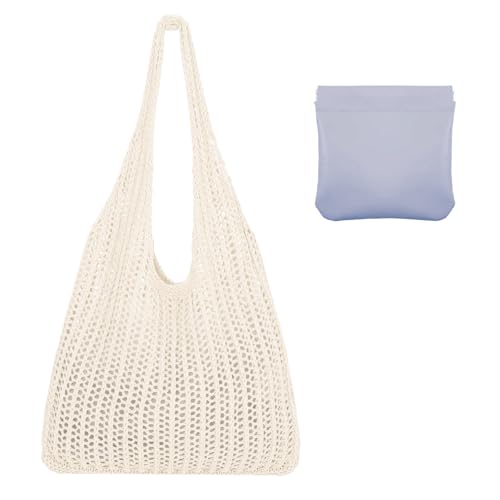 ZhongShuang 2 Stück Beige Häkeltasche Und Kosmetiktaschen,Strandtasche Damen Sommer Boho,Strandtasche Häkeltasche,Gestrickte Tasche Beach Bag Netz Strandbeutel Für Alltag,Shopping Und Urlaub von ZhongShuang