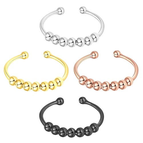 4 Stück Anxiety Ring Anti Stress Ring Anxiety Ring Skill Ringe Verstellbare Ringe Angst Spinning Damen Anxiety Stressringe Zur Linderung Von Ängsten Für Mädchen Frauen Gold Roségold Schwarz Silber von ZhongShuang