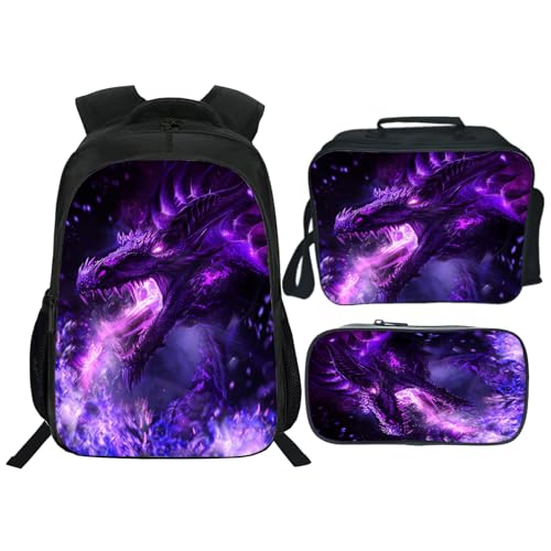 Zhongh Drachen-Rucksack für Kinder, Büchertasche, Schultasche mit Lunchbox, Tasche und Federmäppchen, Set für Jungen und Mädchen, 40,6 cm von Zhongh