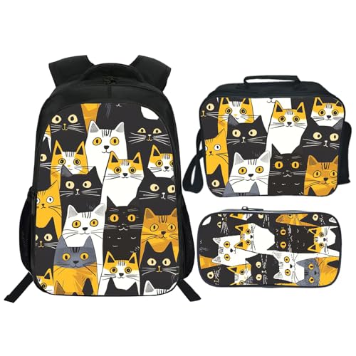 Zhongh Katzenrucksack für Kinder, Büchertasche, 40,6 cm, Schultasche, Tagesrucksack mit Lunchbox, Tasche und Federmäppchen, Set für Jungen und Mädchen von Zhongh