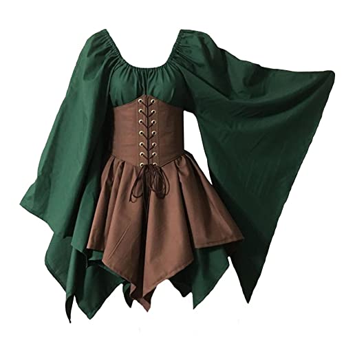 Damen Renaissance Mittelalter Vintage Kurzes Kleid für Mittelalter Kostüm Viktorianisches Kleid Halloween Cosplay Party, Grün + Braun, L von Zhongkaihua
