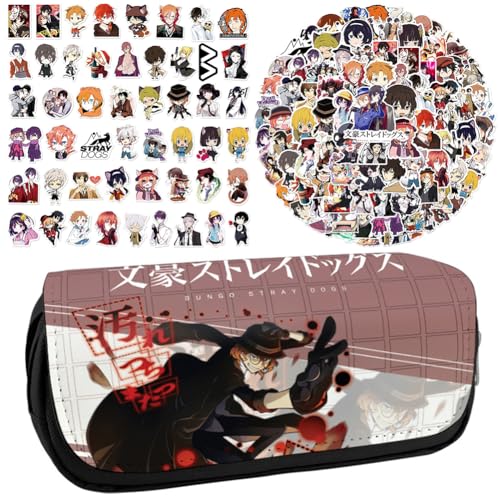 Bungo Stray Dogs Anime bedrucktes Federmäppchen Student Schreibwaren Tasche Große Kapazität Doppellagige Bleistifttasche Gratis 100 Stück Anime Aufkleber Cartoon Graffiti Wasserdichte Aufkleber von Zhongkaihua