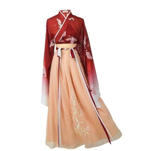 Damen Chinesisches Hanfu Kostüm Plissee Blumendruck Elegant Vintage Hanfu Maxilänge Swing Rock Casual Mode Rock für Erwachsene Han-Stil Outfit Rot von Zhongkaihua