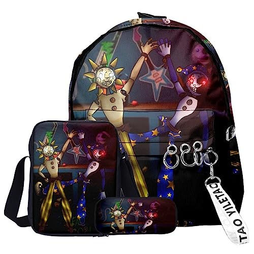 Zhongkaihua FNAF Rucksack Set 3 Stück Student Supplies Set Security Breach 3D Gedruckt Schultasche Einzel Umhängetasche Federmäppchen für Jungen Mädchen Schüler, Typ 22, 3 pcs, Themen-Rucksack von Zhongkaihua