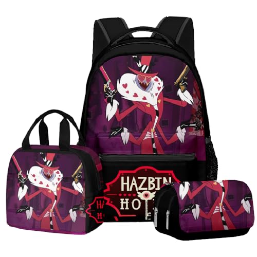 Zhongkaihua Hazbin Hotel Fashion Charlie Morningstar Student 3-teiliges Set Schulrucksack Federmäppchen für Jungen Mädchen Schulreise Schulanfang Tagesrucksack Handtasche Federmäppchen, Dreiteiliges von Zhongkaihua