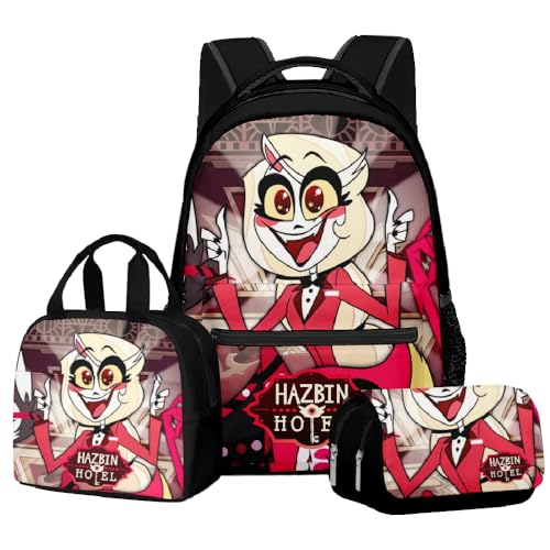 Zhongkaihua Hazbin Hotel Fashion Charlie Morningstar Student 3-teiliges Set Schulrucksack Federmäppchen für Jungen Mädchen Schulreise Schulanfang Tagesrucksack Handtasche Federmäppchen, Dreiteiliges von Zhongkaihua