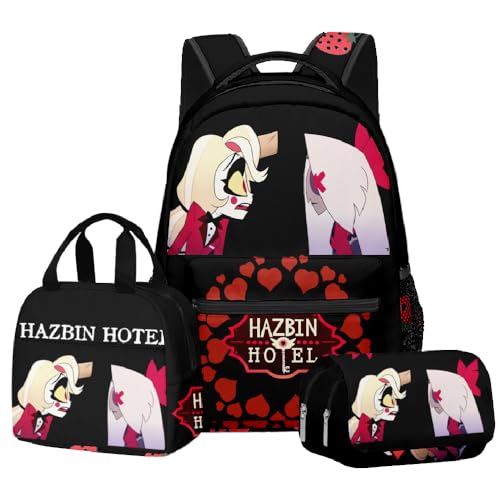 Zhongkaihua Hazbin Hotel Fashion Charlie Morningstar Student 3-teiliges Set Schulrucksack Federmäppchen für Jungen Mädchen Schulreise Schulanfang Tagesrucksack Handtasche Federmäppchen, Dreiteiliges von Zhongkaihua