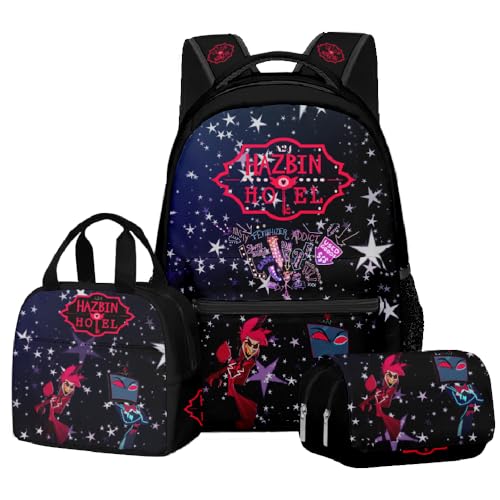 Zhongkaihua Hazbin Hotel Fashion Charlie Morningstar Student 3-teiliges Set Schulrucksack Federmäppchen für Jungen Mädchen Schulreise Schulanfang Tagesrucksack Handtasche Federmäppchen, Dreiteiliges von Zhongkaihua