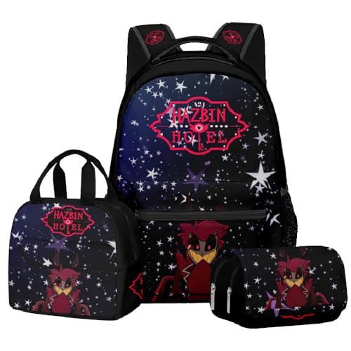 Zhongkaihua Hazbin Hotel Fashion Charlie Morningstar Student 3-teiliges Set Schulrucksack Federmäppchen für Jungen Mädchen Schulreise Schulanfang Tagesrucksack Handtasche Federmäppchen, Dreiteiliges von Zhongkaihua