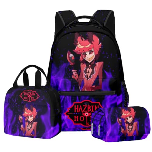 Zhongkaihua Hazbin Hotel Fashion Charlie Morningstar Student 3-teiliges Set Schulrucksack Federmäppchen für Jungen Mädchen Schulreise Schulanfang Tagesrucksack Handtasche Federmäppchen, Dreiteiliges von Zhongkaihua