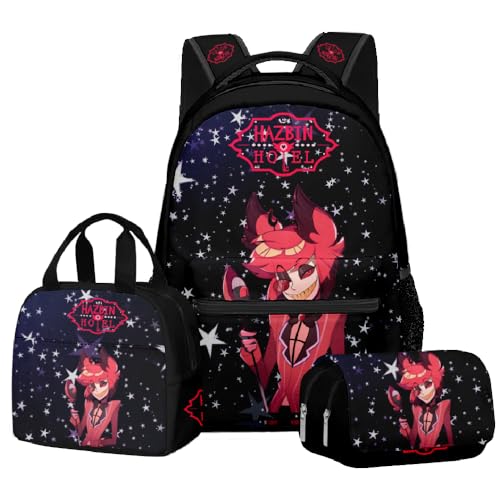 Zhongkaihua Hazbin Hotel Fashion Charlie Morningstar Student 3-teiliges Set Schulrucksack Federmäppchen für Jungen Mädchen Schulreise Schulanfang Tagesrucksack Handtasche Federmäppchen, Dreiteiliges von Zhongkaihua