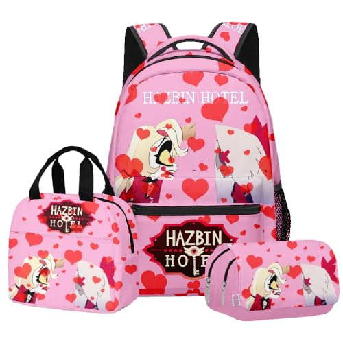 Zhongkaihua Hazbin Hotel Fashion Charlie Morningstar Student 3-teiliges Set Schulrucksack Federmäppchen für Jungen Mädchen Schulreise Schulanfang Tagesrucksack Handtasche Federmäppchen, Dreiteiliges von Zhongkaihua