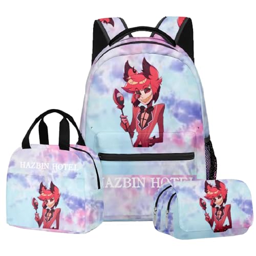 Zhongkaihua Hazbin Hotel Fashion Charlie Morningstar Student 3-teiliges Set Schulrucksack Federmäppchen für Jungen Mädchen Schulreise Schulanfang Tagesrucksack Handtasche Federmäppchen, Dreiteiliges von Zhongkaihua