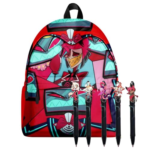 Zhongkaihua Schüler-Schreibwaren-Set Hazbin Hotel Schultasche & Push-Action Stift Sets Alastor Anime Charakter 3D Farbdruck Schulter Rucksack Student Schreibwaren Supplies Sets, Typ2, 40*30*17cm von Zhongkaihua