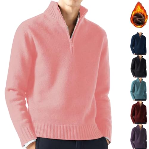 Zhongle Herren Kaschmir Zipper Basic Pullover,Strickpulli Casual Langarm Pullover,Solider Strickpullover für Männer (Rosa,XXX-Large) von Zhongle