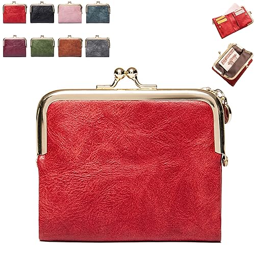 Zhongle Mini Fashion Ladies Square Short Wallet,Damenmünzgeldbörse mit Reißverschluss und Kussverschluss,Bifold Portemonnaie aus Leder,Kurze Retro-Geldbörse (Rot) von ZHONGLE