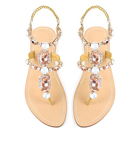 ZhuLinFeng Damen Strass Gladiator Sandalen Flach Hochzeit Sandalen Edelstein Perle Funkelnde Braut Brautjungfer Sandalen Blau Böhmische Sandalen, Champagner, 41 EU von ZhuLinFeng