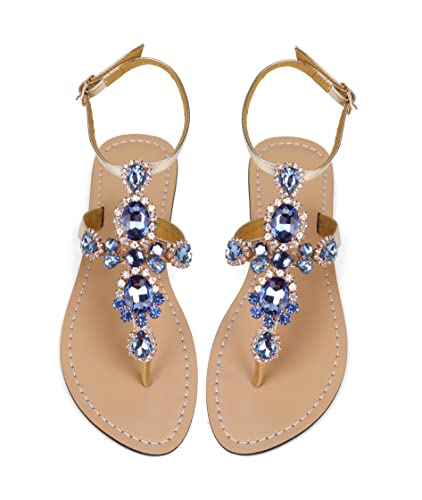 ZhuLinFeng Damen Strass Gladiator Sandalen Flach Hochzeit Sandalen Edelstein Perle Funkelnde Braut Brautjungfer Sandalen Blau Böhmische Sandalen, Gold, 42.5 EU von ZhuLinFeng