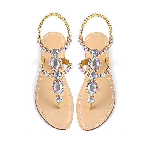 ZhuLinFeng Damen Strass Gladiator Sandalen Flach Hochzeit Sandalen Edelstein Perle Funkelnde Braut Brautjungfer Sandalen Blau Böhmische Sandalen, Mehrfarbig-2#, 36 EU von ZhuLinFeng