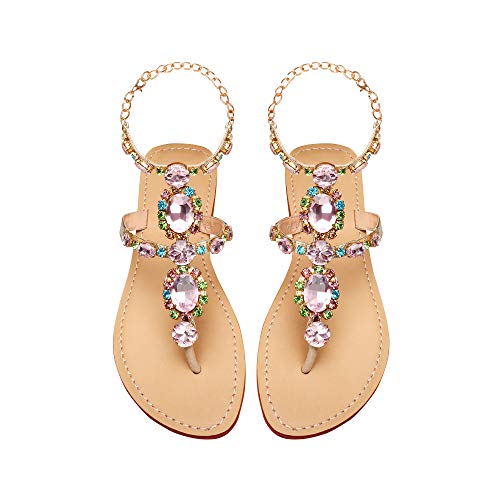 ZhuLinFeng Damen Strass Gladiator Sandalen Flach Hochzeit Sandalen Edelstein Perle Funkelnde Braut Brautjungfer Sandalen Blau Böhmische Sandalen, Pink, 36 EU von ZhuLinFeng