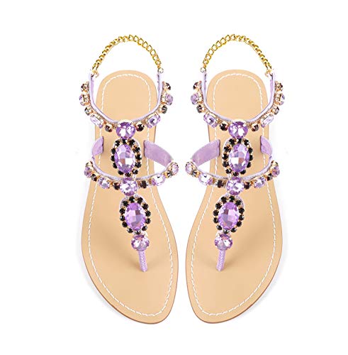 ZhuLinFeng Damen Strass Gladiator Sandalen Flach Hochzeit Sandalen Edelstein Perle Funkelnde Braut Brautjungfer Sandalen Blau Böhmische Sandalen, Violett, 41.5 EU von ZhuLinFeng