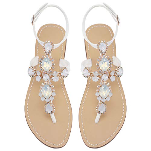 ZhuLinFeng Damen Strass Gladiator Sandalen Flach Hochzeit Sandalen Edelstein Perle Funkelnde Braut Brautjungfer Sandalen Blau Böhmische Sandalen, Weiss/opulenter Garten, 38 EU von ZhuLinFeng